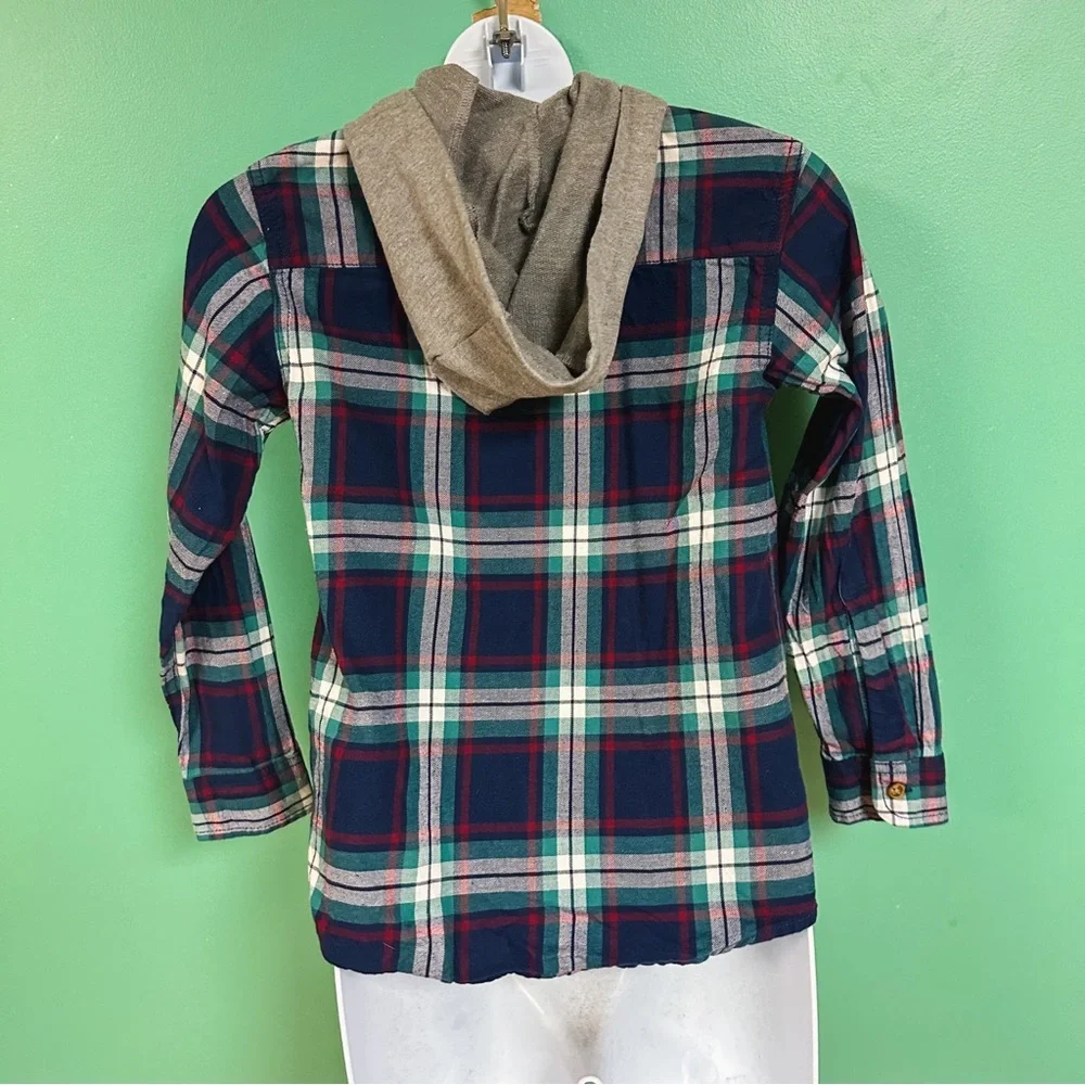 Carters Navy Blue & Gray Hooded Flannel Button Down Shirt Boys Size 8
